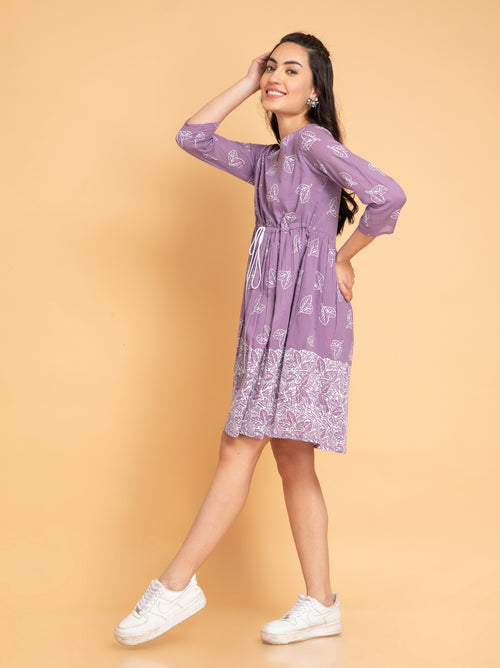 Suti Women Mul Cotton Khadi Printed Short Dress with Waist Tie-Up