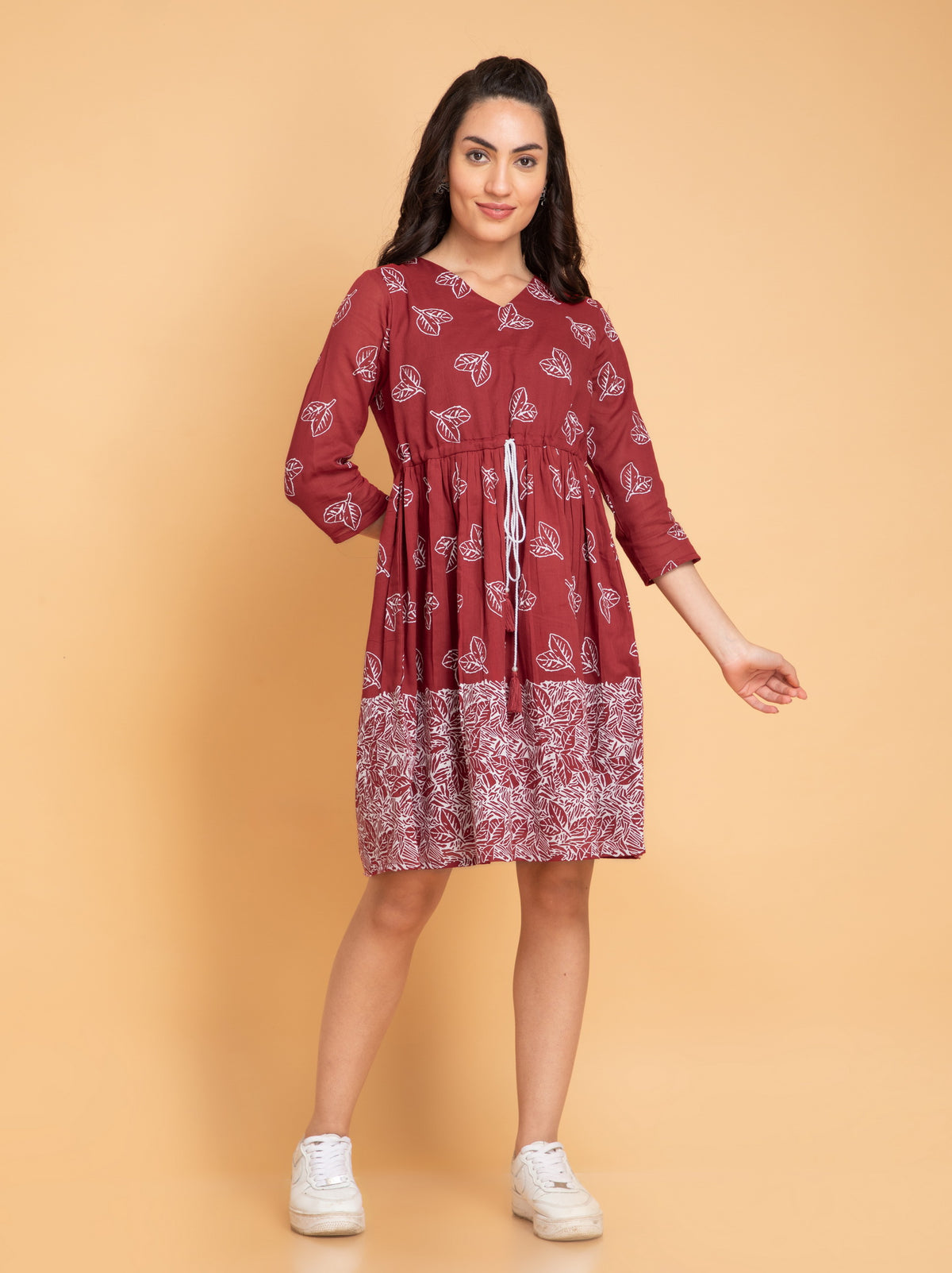 Suti Women Mul Cotton Khadi Printed Short Dress with Waist Tie-Up