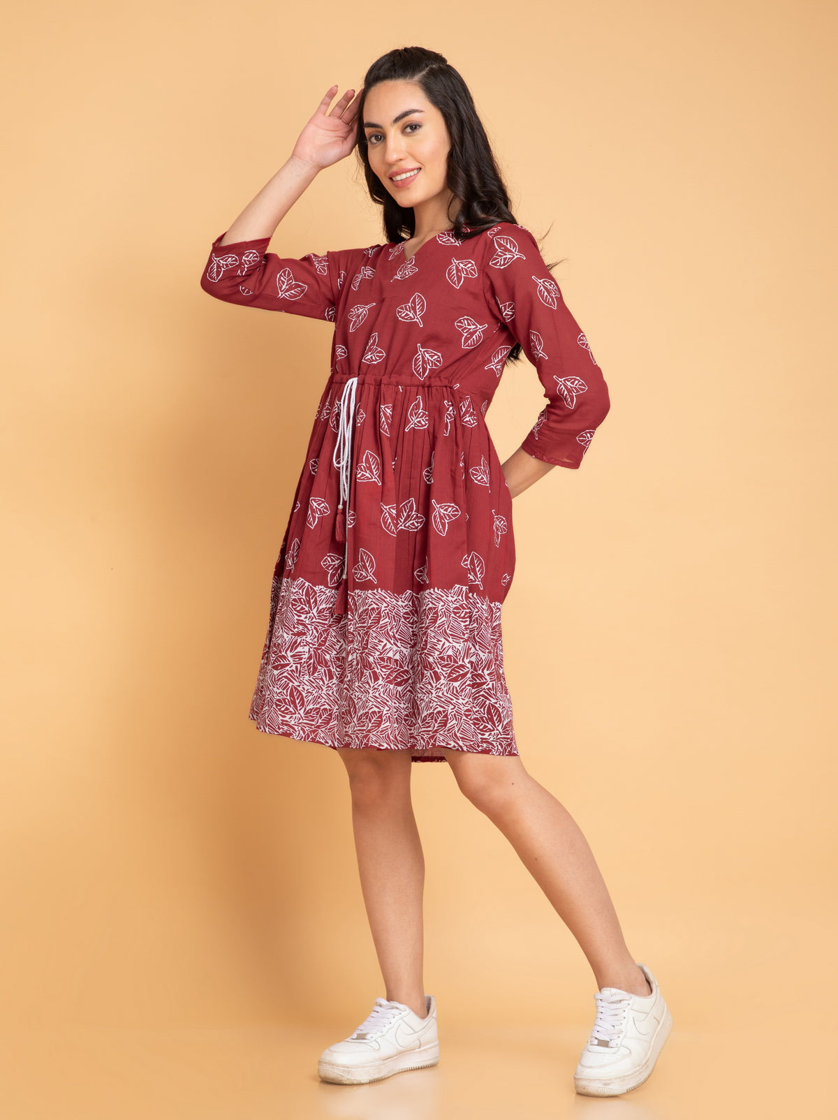 Suti Women Mul Cotton Khadi Printed Short Dress with Waist Tie-Up