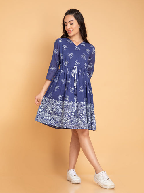 Suti Women Mul Cotton Khadi Printed Short Dress with Waist Tie-Up