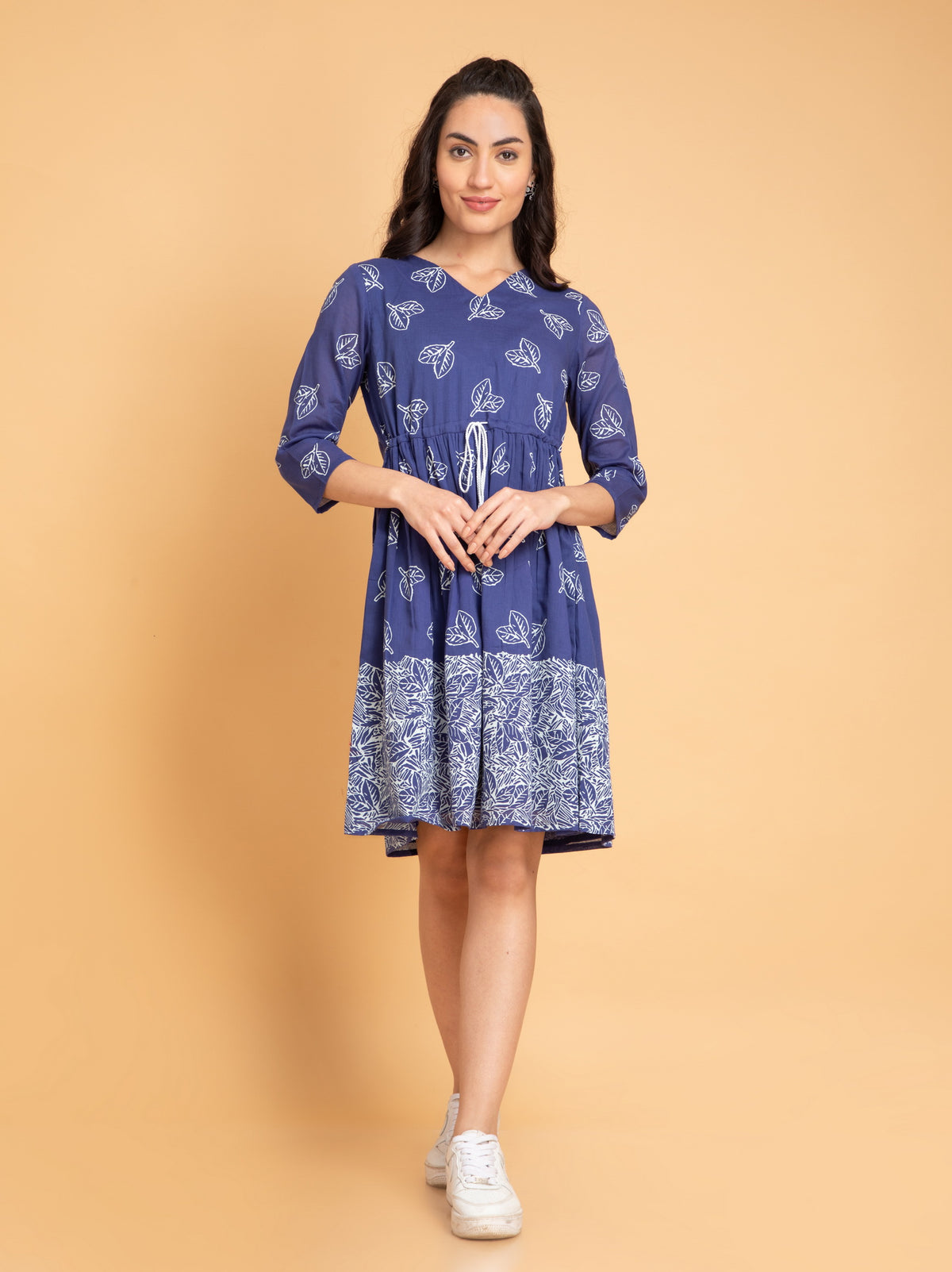 Suti Women Mul Cotton Khadi Printed Short Dress with Waist Tie-Up