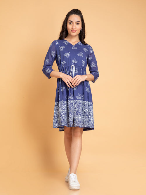 Suti Women Mul Cotton Khadi Printed Short Dress with Waist Tie-Up