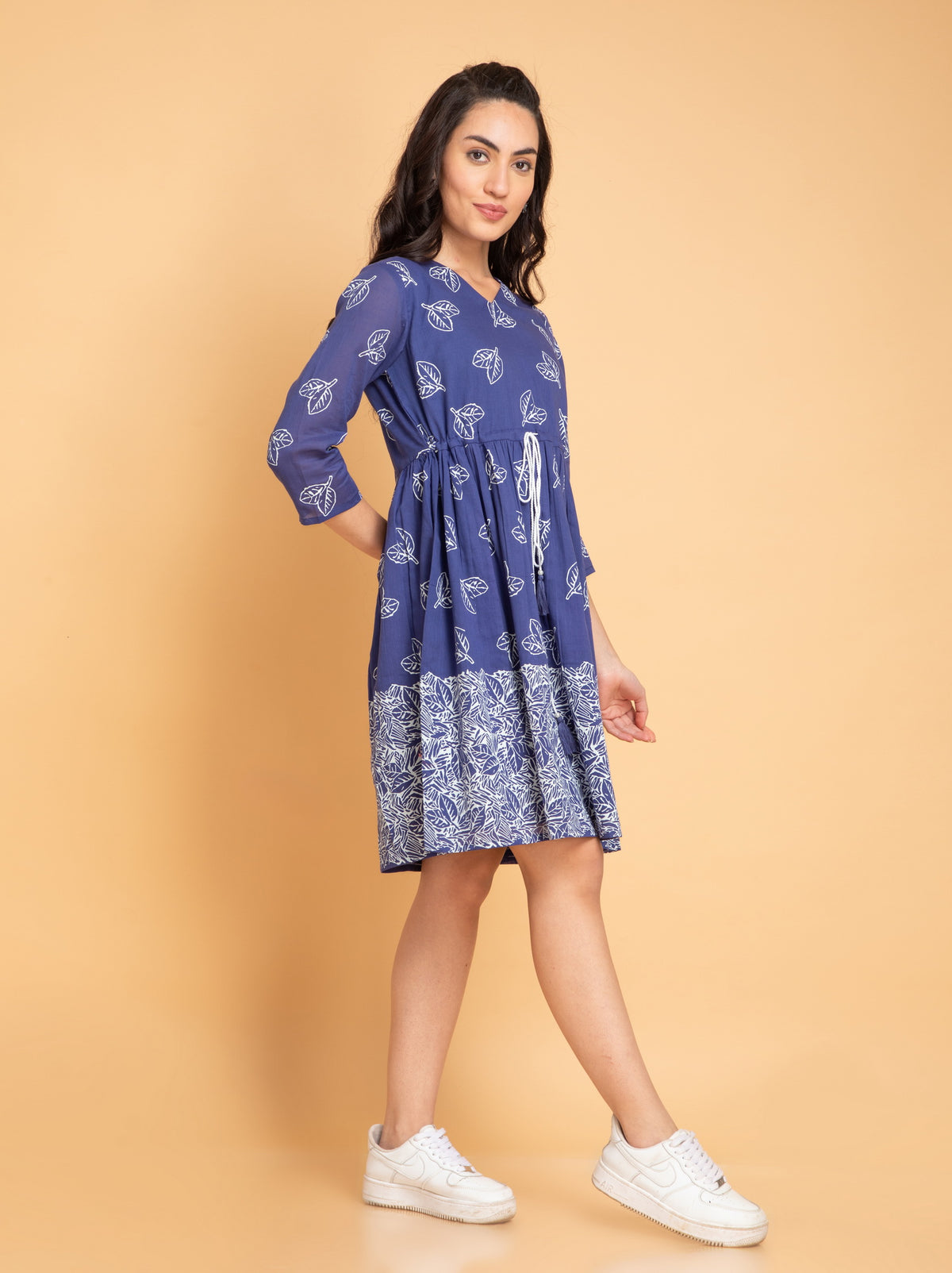 Suti Women Mul Cotton Khadi Printed Short Dress with Waist Tie-Up