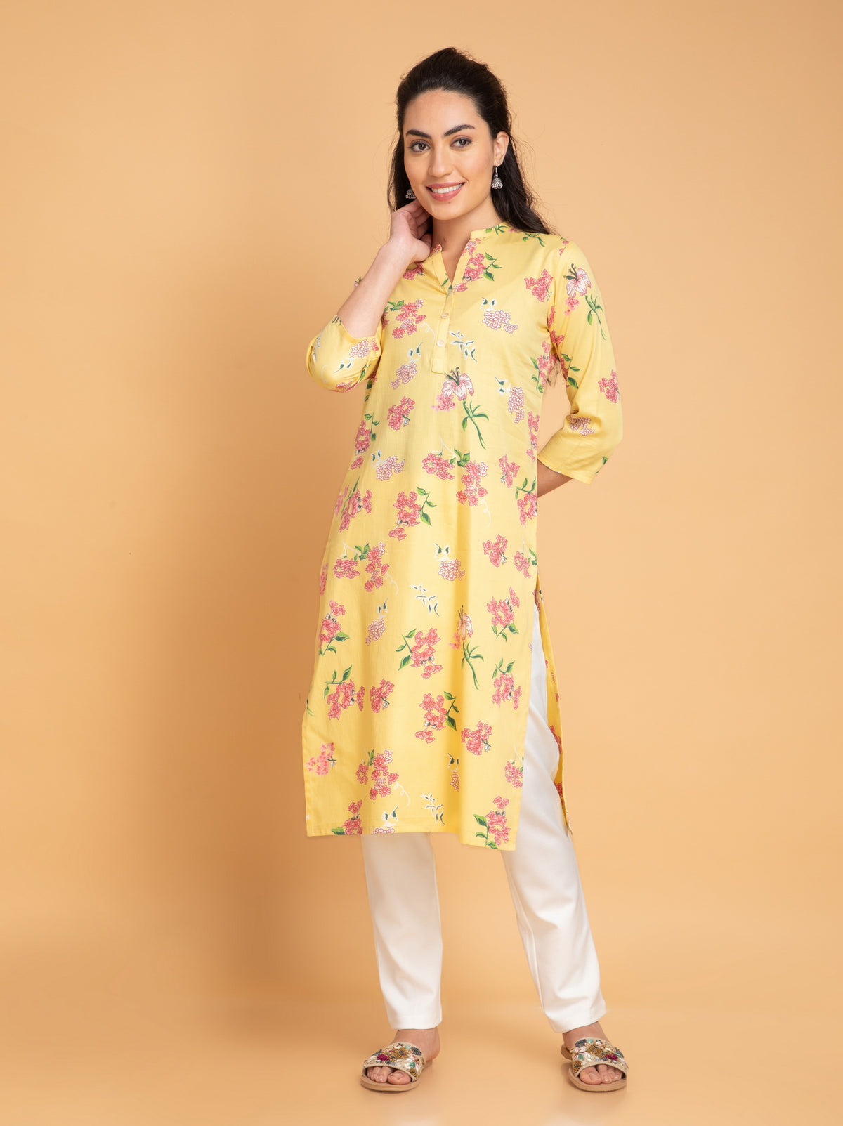 SUTI WOMEN COTTON LEMON YELLOW PRINTED STAND COLLER PLACKET KURTA