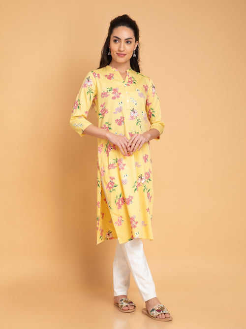 SUTI WOMEN COTTON LEMON YELLOW PRINTED STAND COLLER PLACKET KURTA