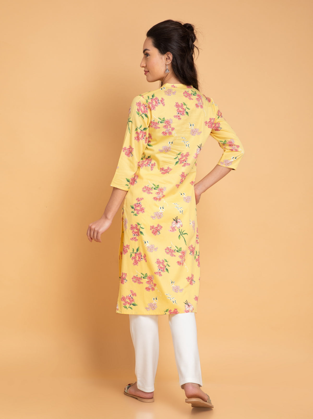 SUTI WOMEN COTTON LEMON YELLOW PRINTED STAND COLLER PLACKET KURTA