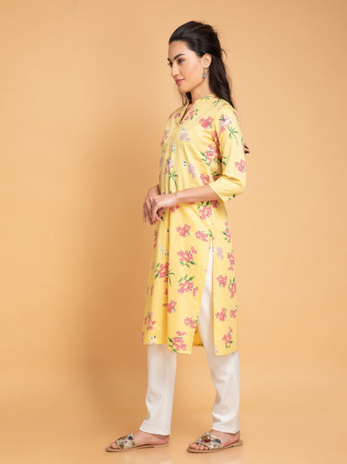 SUTI WOMEN COTTON LEMON YELLOW PRINTED STAND COLLER PLACKET KURTA