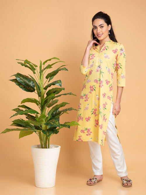 SUTI WOMEN COTTON LEMON YELLOW PRINTED STAND COLLER PLACKET KURTA