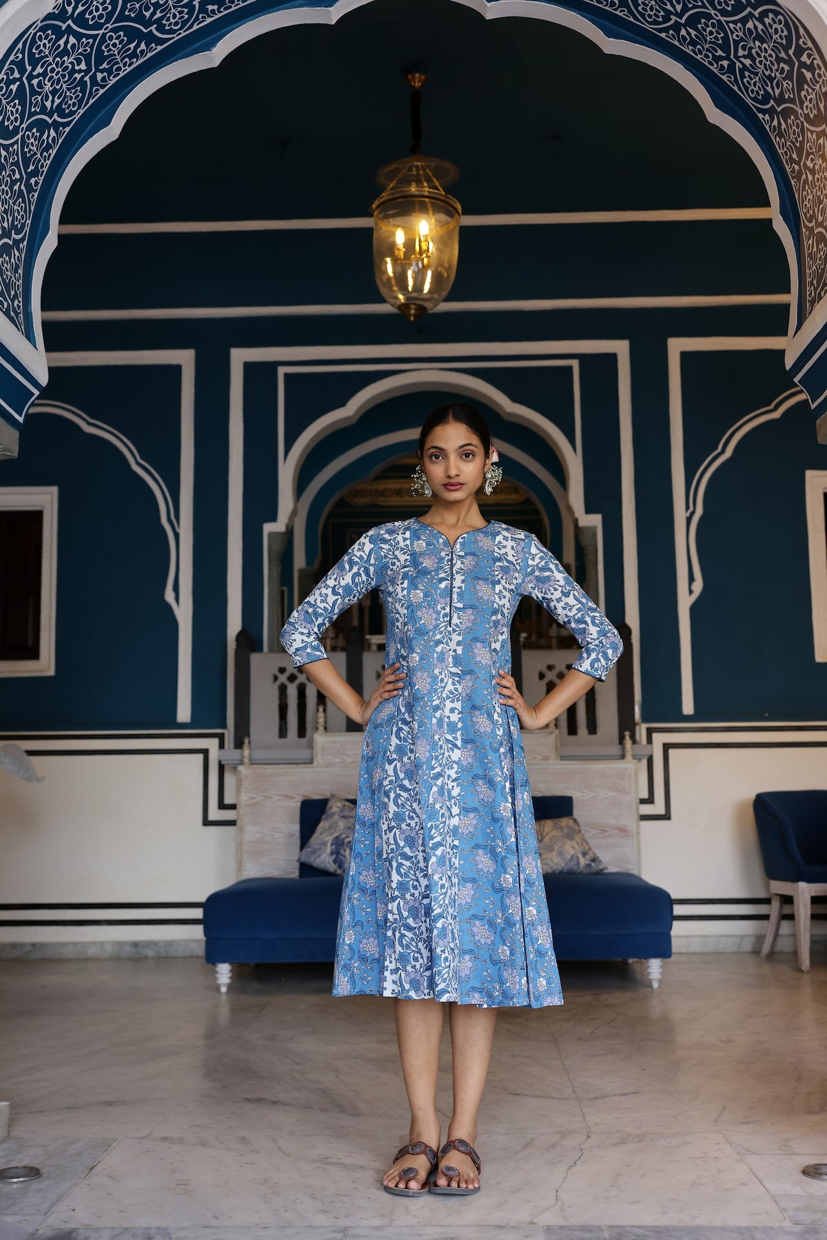 Mul Cotton Printed Kalidar Kurti with Zari Work