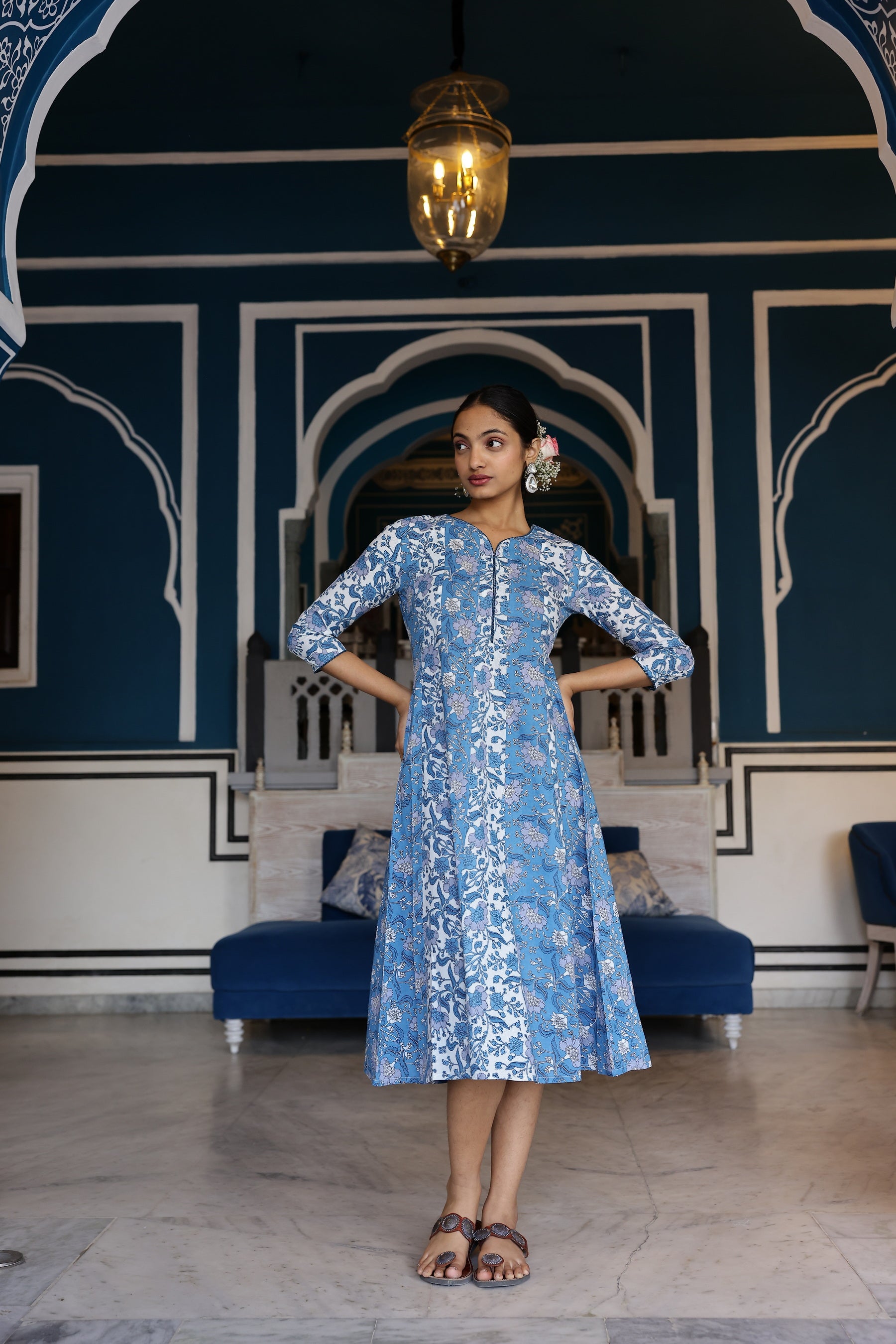 Mul Cotton Printed Kalidar Kurti with Zari Work