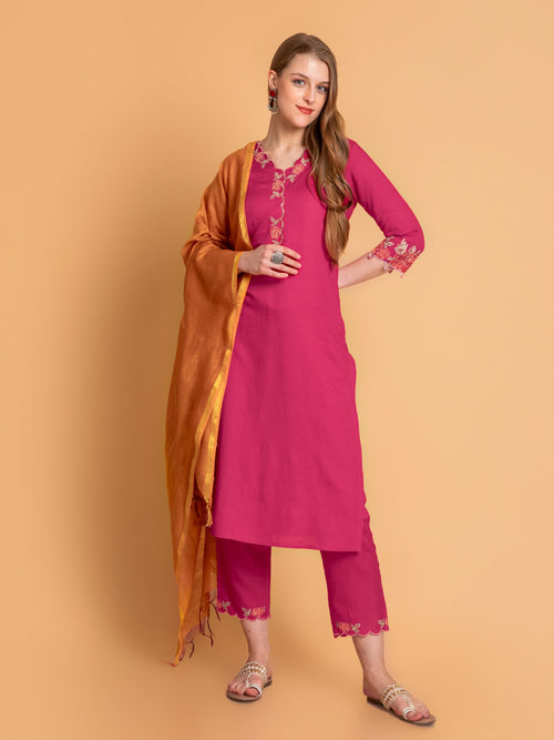 Scallop Embroidery 3Pc Kurta Pant Set with Adda Work