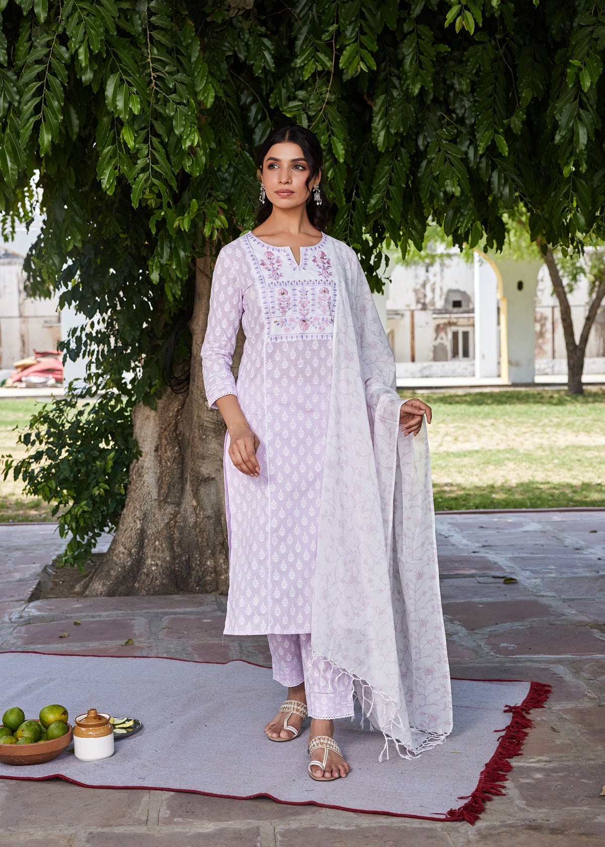 MUL COTTON 3PCSKURTA PANT SET EMBELISSHED WITH EMBROIDERY & LACE DETAILS