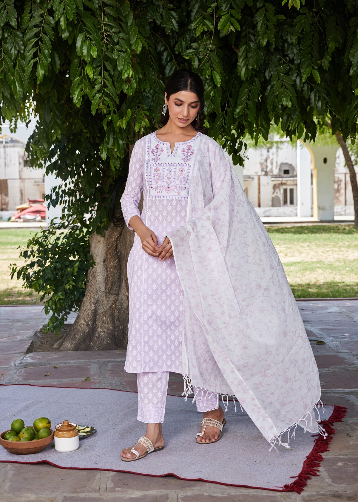 MUL COTTON 3PCSKURTA PANT SET EMBELISSHED WITH EMBROIDERY & LACE DETAILS