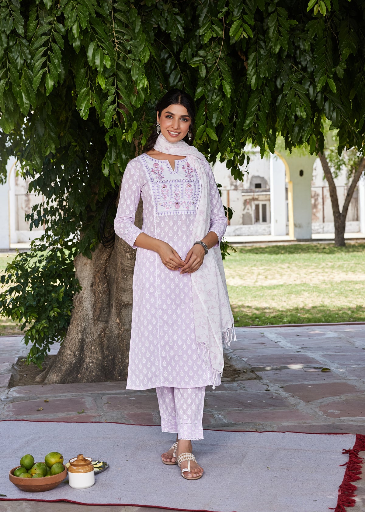 MUL COTTON 3PCSKURTA PANT SET EMBELISSHED WITH EMBROIDERY & LACE DETAILS