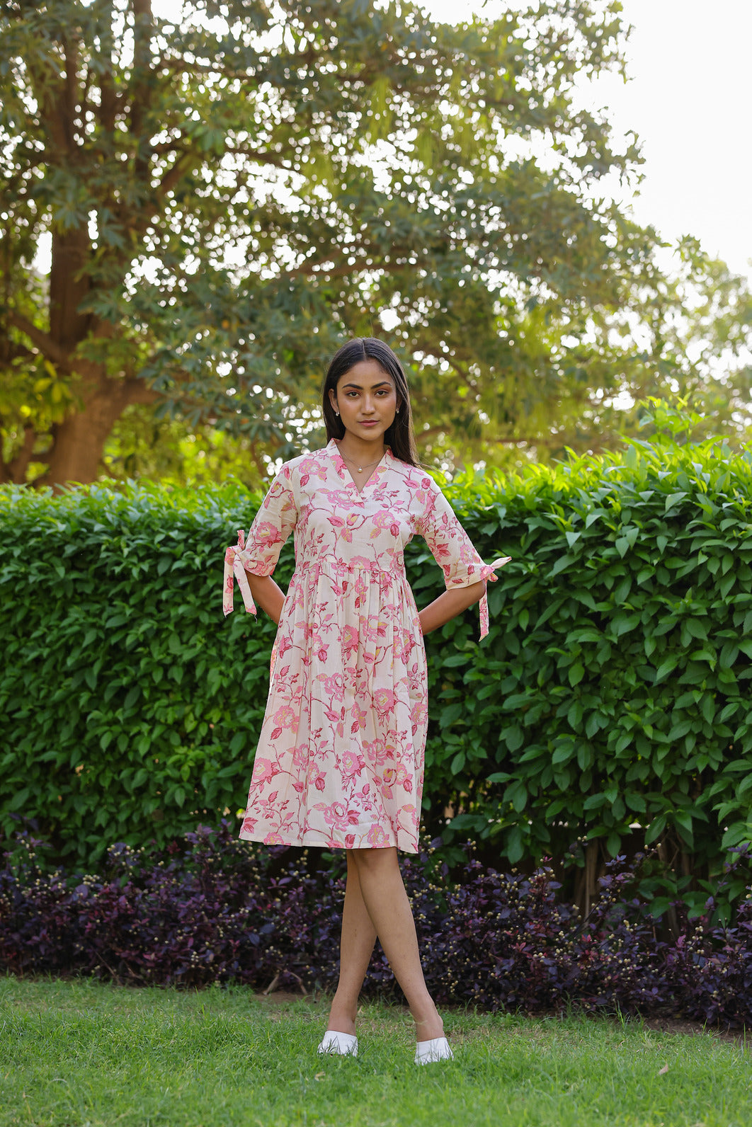 Floral Gold Print Mul Cotton Dress