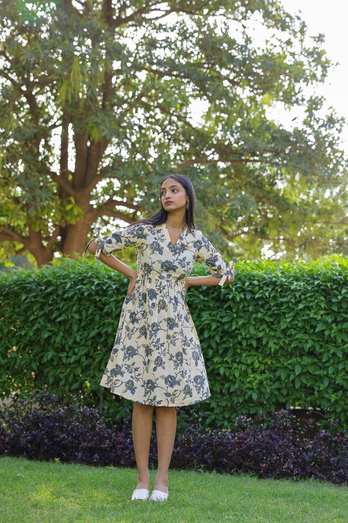 Floral Gold Print Mul Cotton Dress