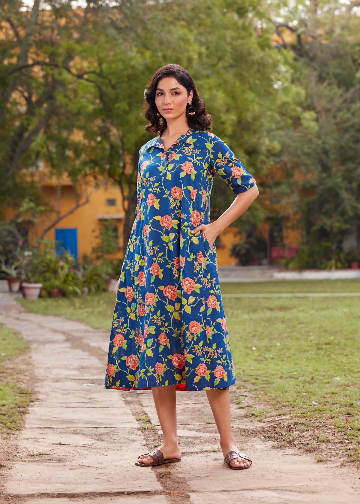 Mul Cotton Floral Print Flared Long Dress