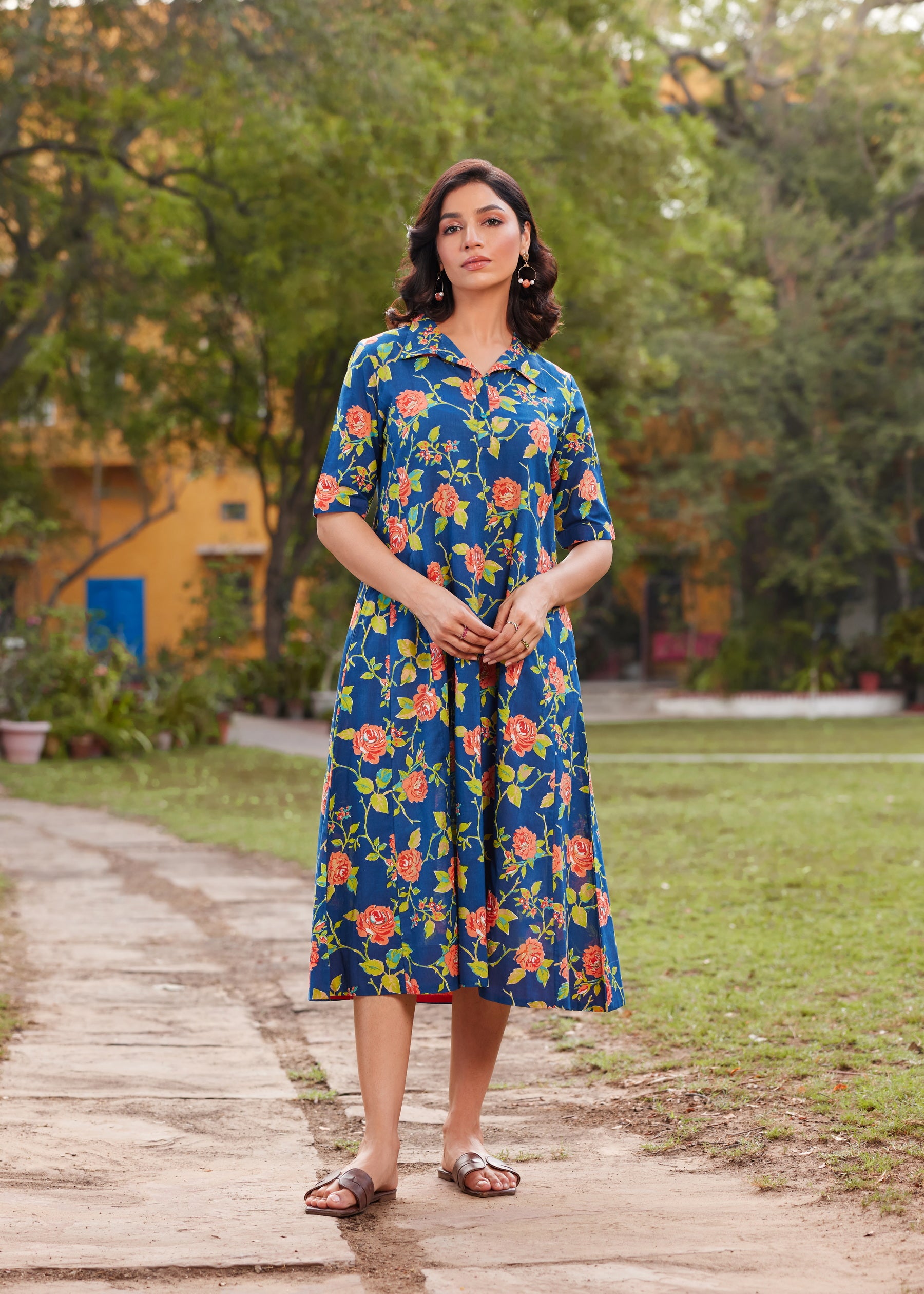 Mul Cotton Floral Print Flared Long Dress