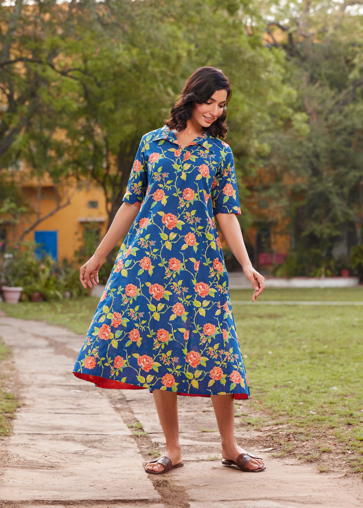 Mul Cotton Floral Print Flared Long Dress