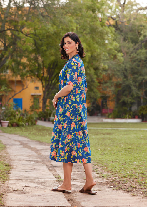 Mul Cotton Floral Print Flared Long Dress