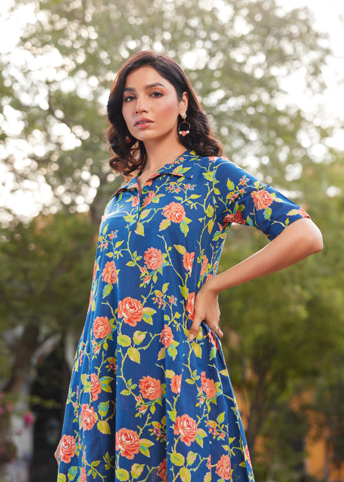 Mul Cotton Floral Print Flared Long Dress