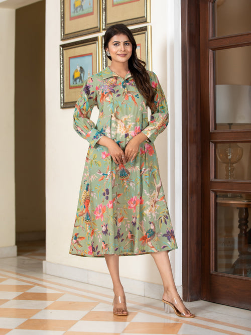 MUL-COTTON COLORFUL PRINTED ANTIFIT DRESS EMBELLISHED WITH ADDA WORK