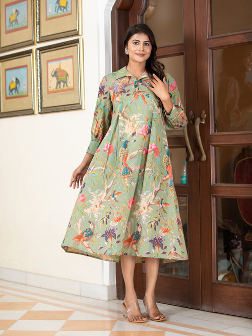 MUL-COTTON COLORFUL PRINTED ANTIFIT DRESS EMBELLISHED WITH ADDA WORK