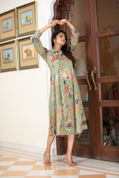 MUL-COTTON COLORFUL PRINTED ANTIFIT DRESS EMBELLISHED WITH ADDA WORK