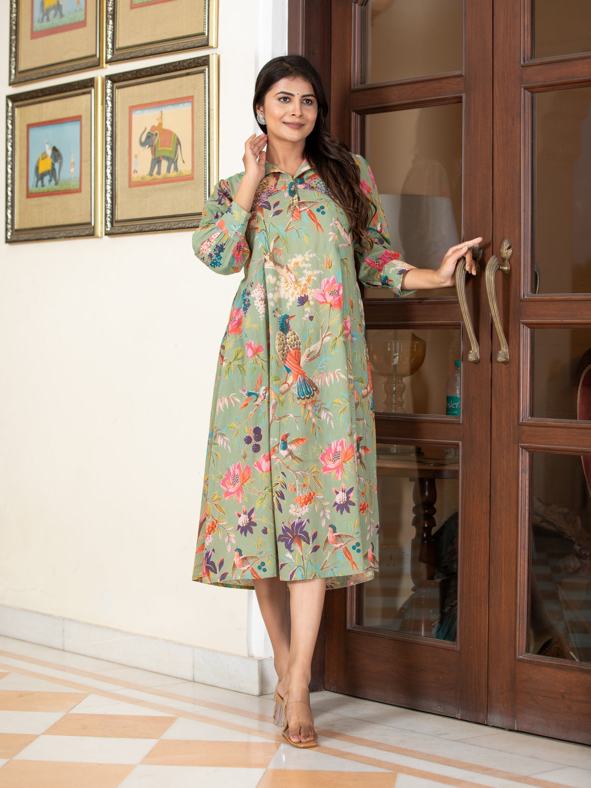 MUL-COTTON COLORFUL PRINTED ANTIFIT DRESS EMBELLISHED WITH ADDA WORK