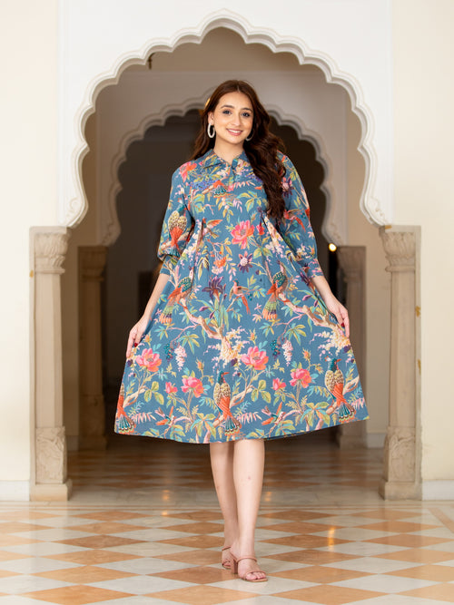 MUL-COTTON COLORFUL PRINTED ANTIFIT DRESS EMBELLISHED WITH ADDA WORK