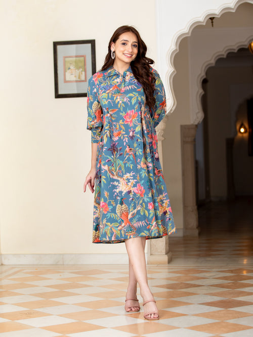 MUL-COTTON COLORFUL PRINTED ANTIFIT DRESS EMBELLISHED WITH ADDA WORK