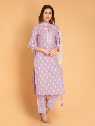 Peach Amber 3 Pcs Kurta Set in Mul Cotton
