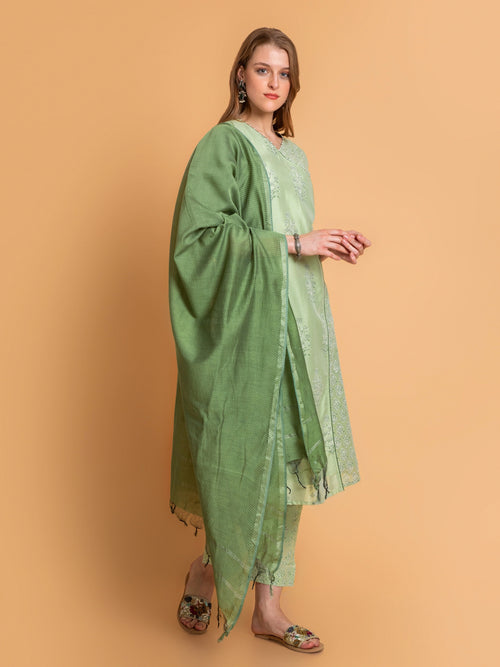 Chanderi Silk Angrakha 3Pc Kurta Pant Dupatta Set