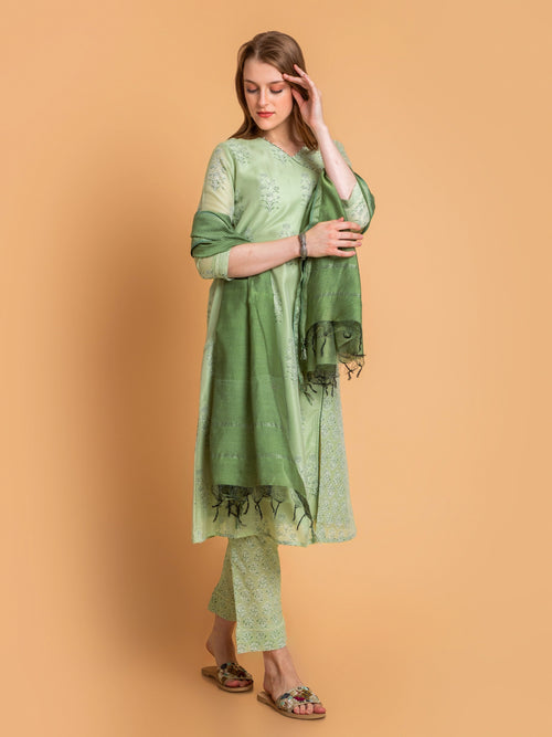 Chanderi Silk Angrakha 3Pc Kurta Pant Dupatta Set