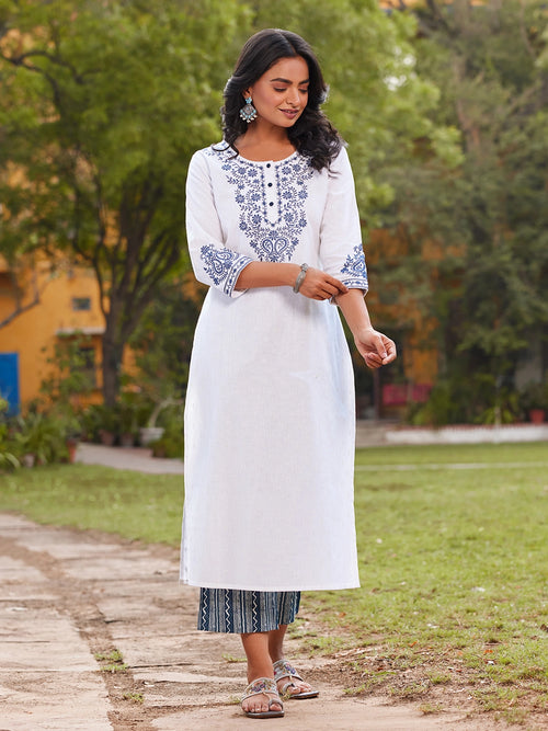 COTTON LINEN 2PCS. CHIKANKARI EMB.KURTA WITH DABU PANT