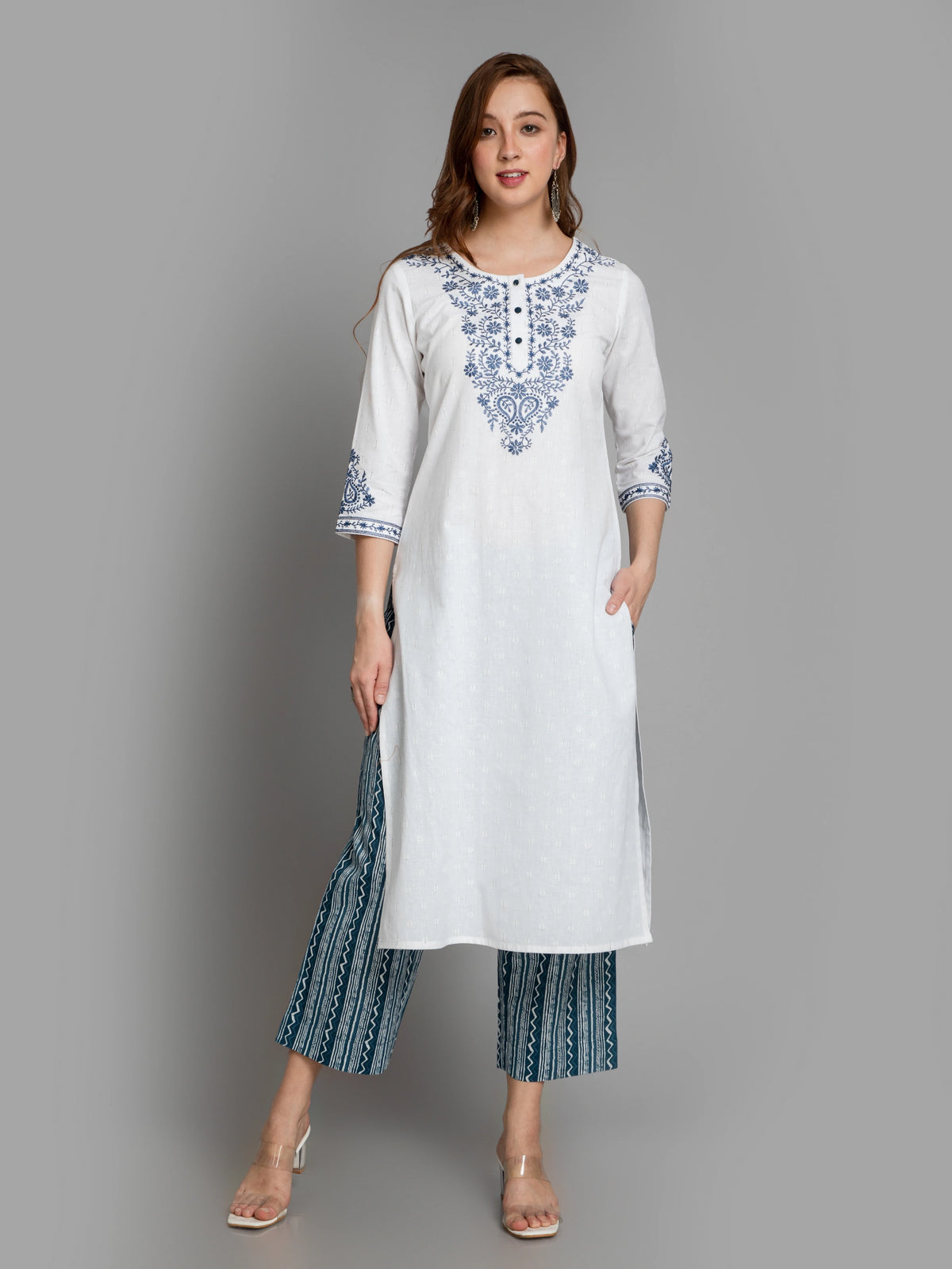 COTTON LINEN 2PCS. CHIKANKARI EMB.KURTA WITH DABU PANT