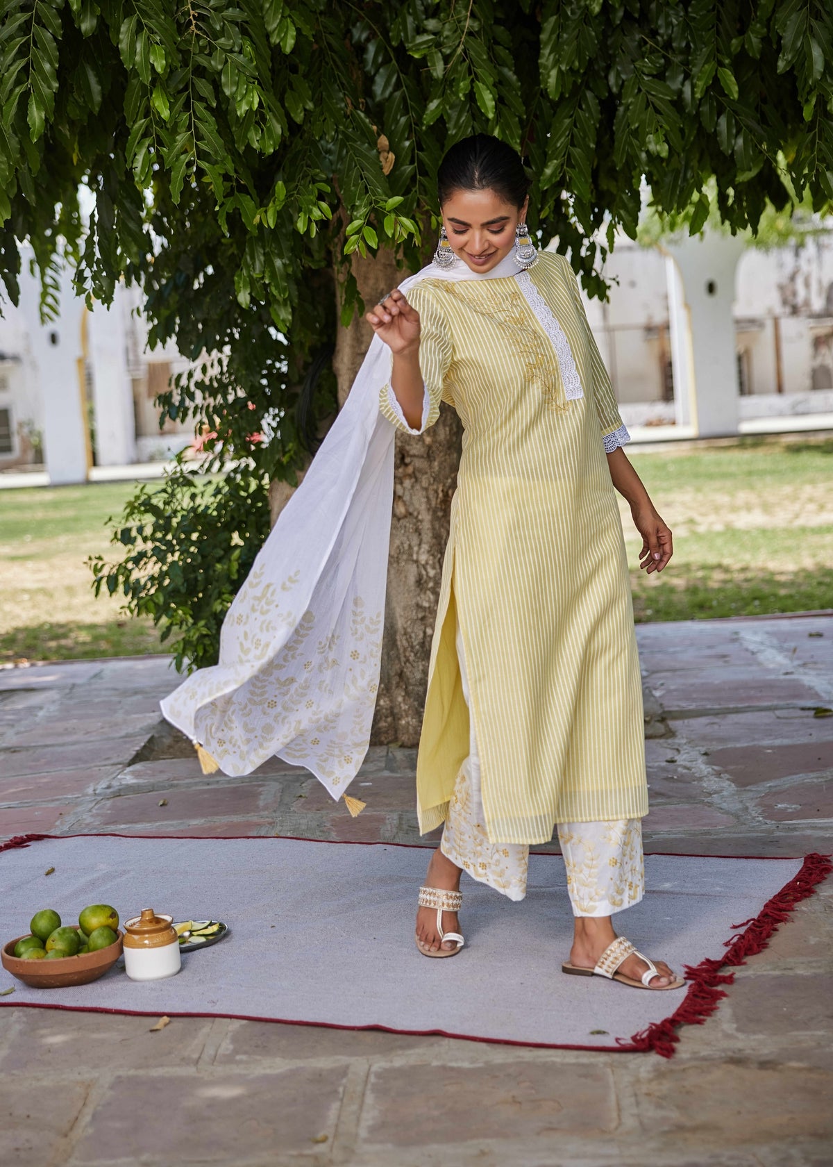 CHANDERI SILK PRINTED 3PCS KURTA CULOTTE SET EMBELLISHED WITH EMBROIDERY AND LACE DETAIL