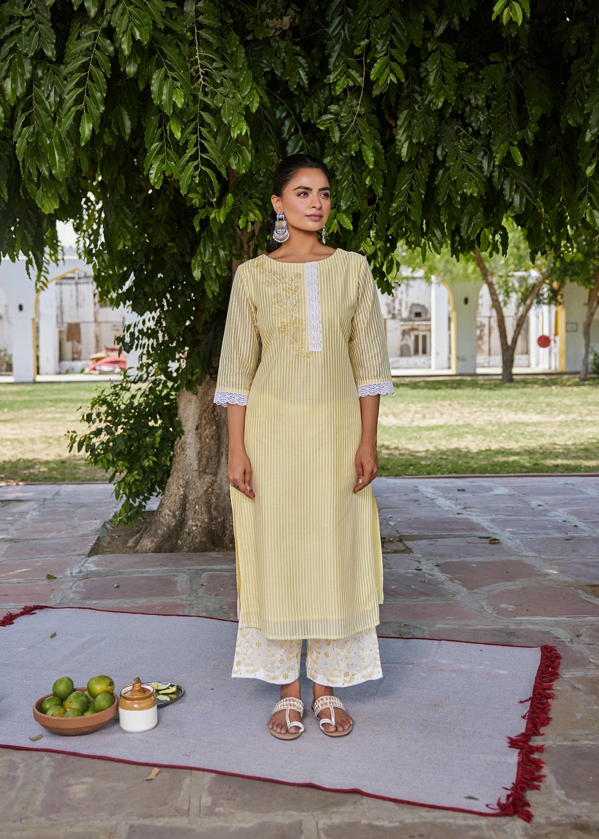 CHANDERI SILK PRINTED 3PCS KURTA CULOTTE SET EMBELLISHED WITH EMBROIDERY AND LACE DETAIL