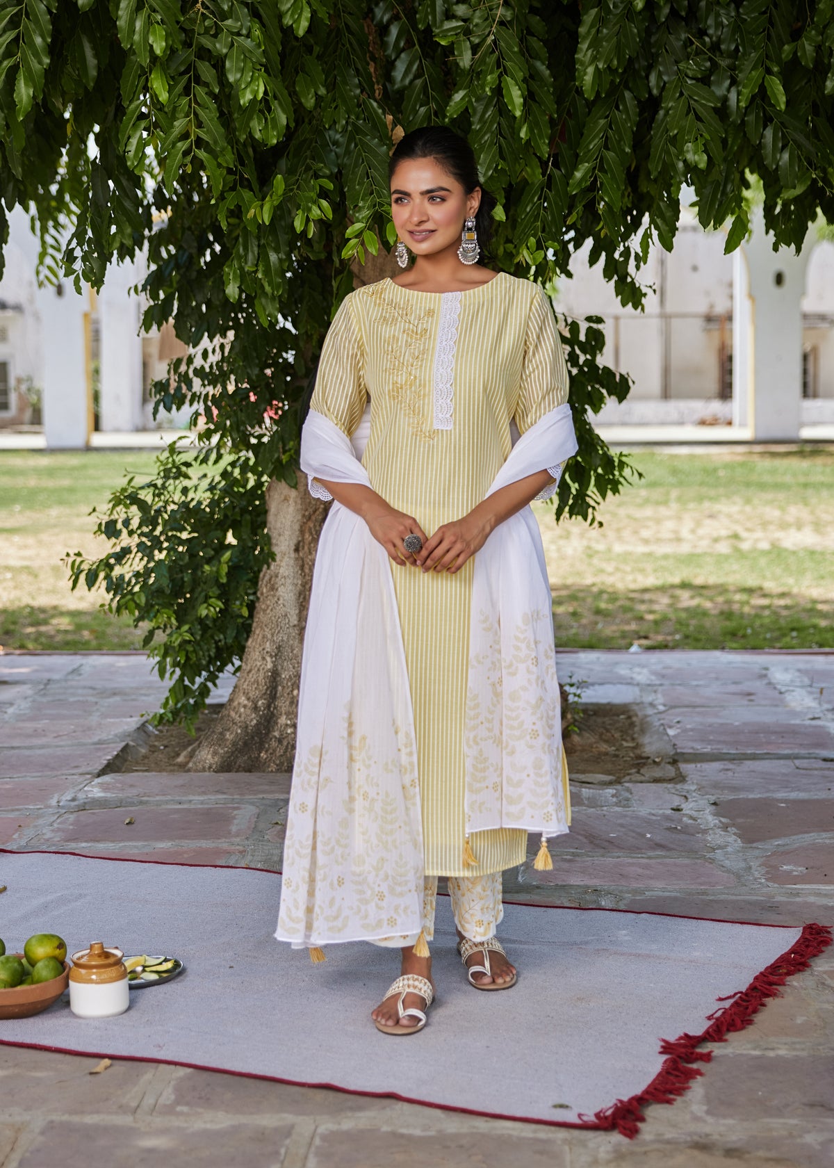 CHANDERI SILK PRINTED 3PCS KURTA CULOTTE SET EMBELLISHED WITH EMBROIDERY AND LACE DETAIL