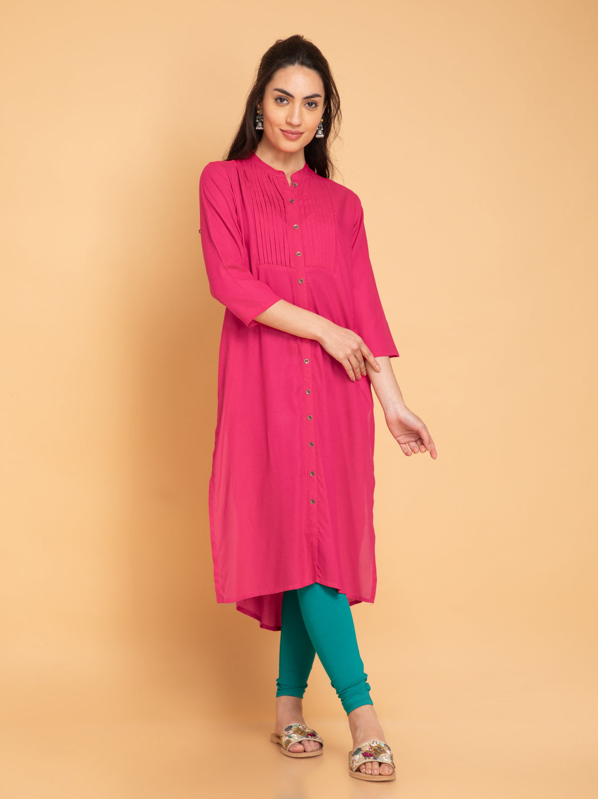 SUTI PINTUCK DETAILED LONG KURTI WITH METAL BUTTONS