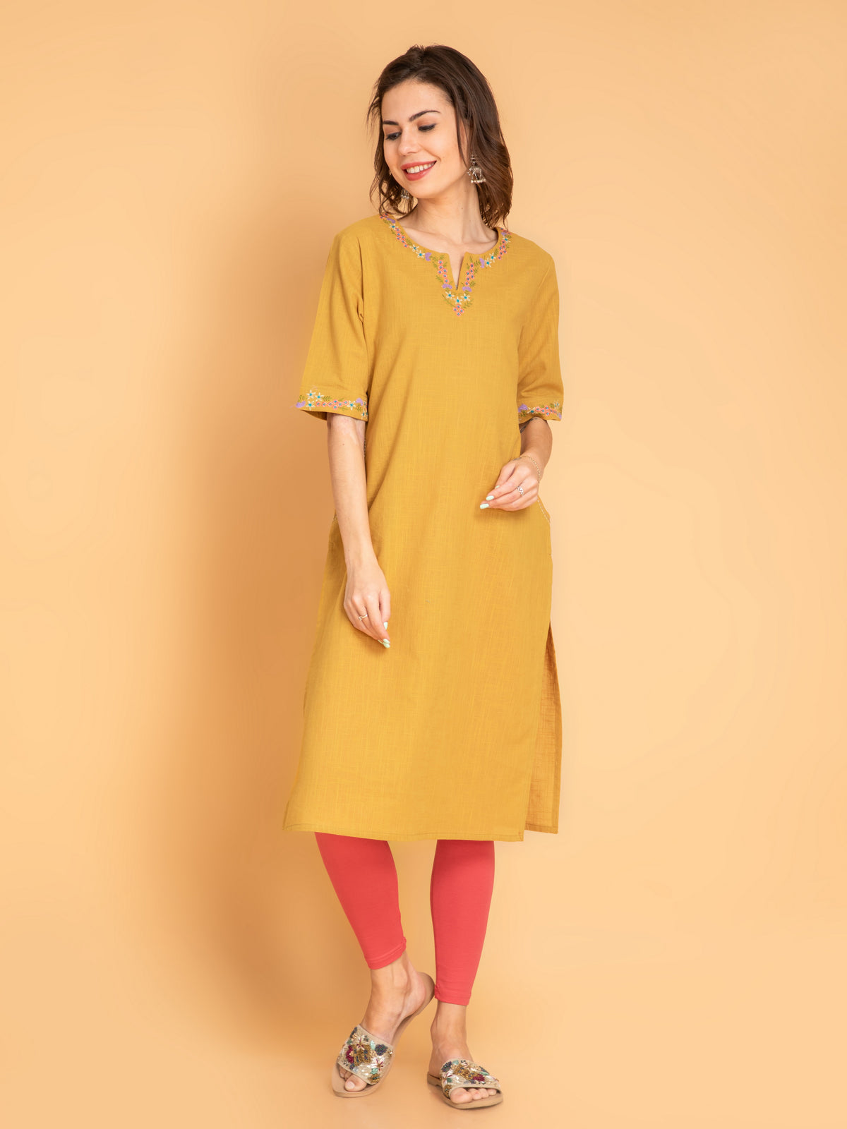 Cotton Slub Embroidered Long Kurti With Kantha Detail