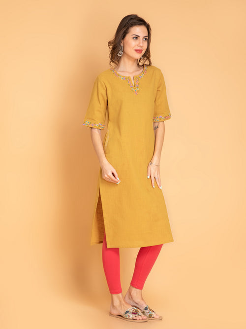 Cotton Slub Embroidered Long Kurti With Kantha Detail