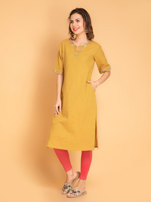 Cotton Slub Embroidered Long Kurti With Kantha Detail