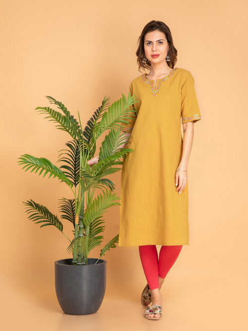 Cotton Slub Embroidered Long Kurti With Kantha Detail