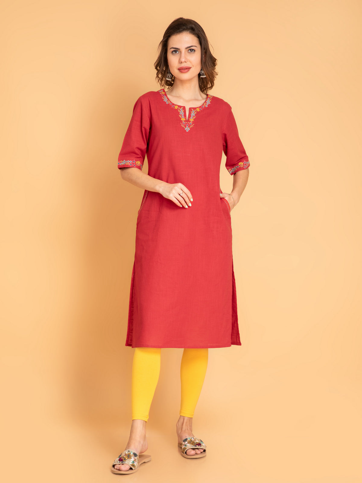 Cotton Slub Embroidered Long Kurti With Kantha Detail