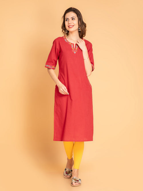 Cotton Slub Embroidered Long Kurti With Kantha Detail