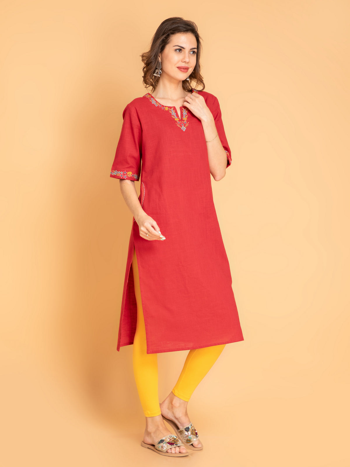 Cotton Slub Embroidered Long Kurti With Kantha Detail