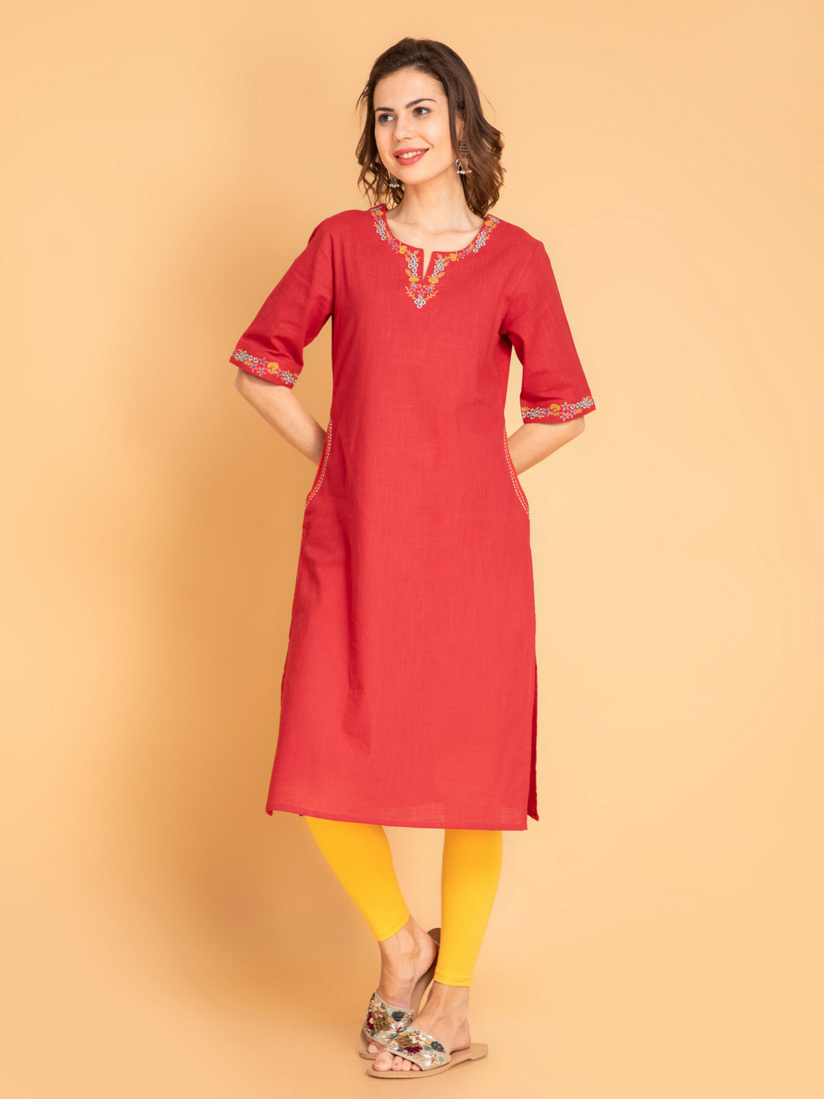 Cotton Slub Embroidered Long Kurti With Kantha Detail