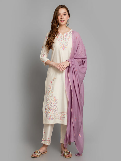 SUTI WOMEN SILK BASE 3PC KURTA PANT SET EMBELLISHED WITH HAND WORK DETAIL