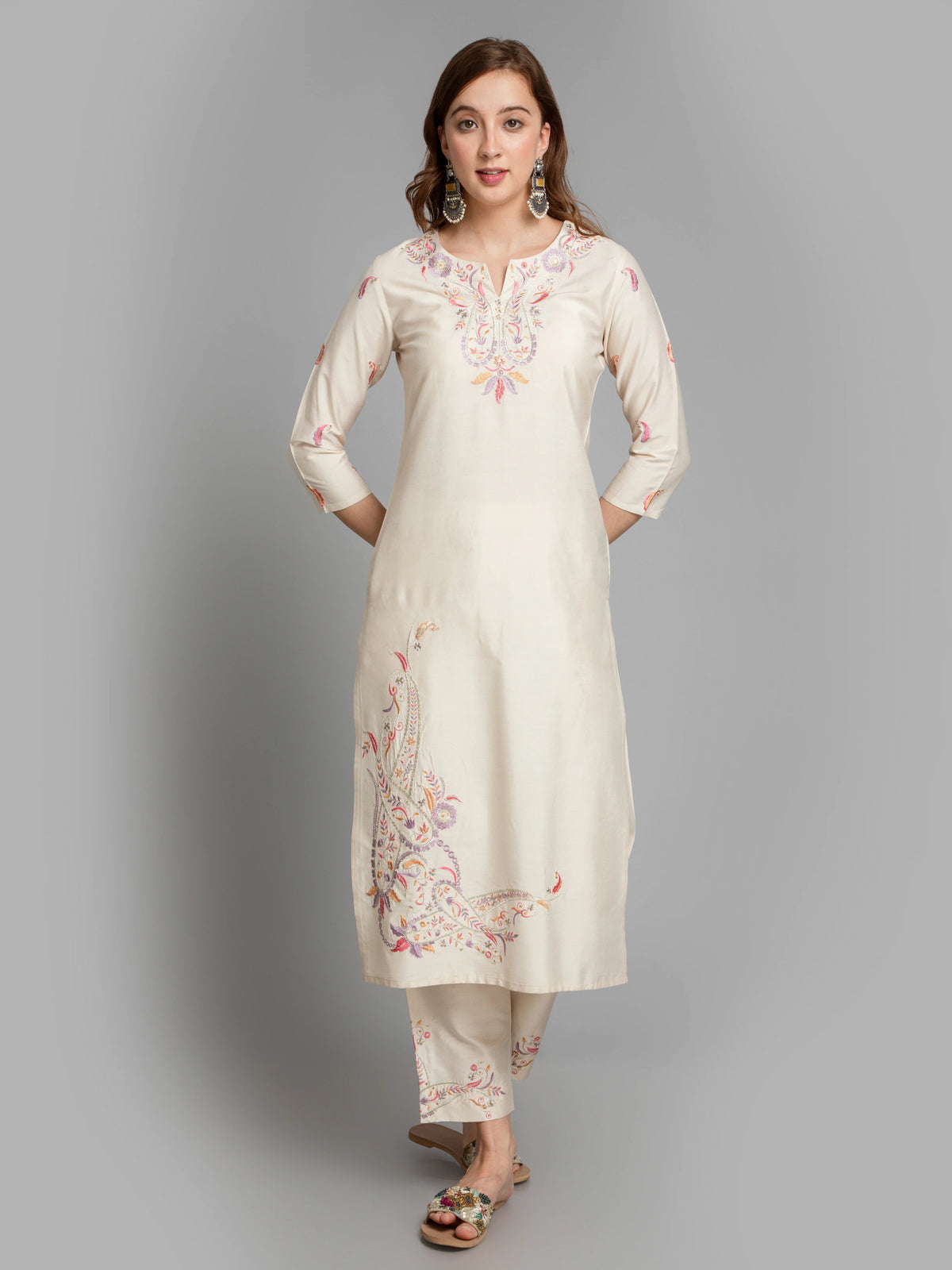 SUTI WOMEN SILK BASE 3PC KURTA PANT SET EMBELLISHED WITH HAND WORK DETAIL